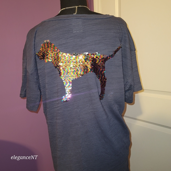 PINK By Victoria's Secret T Shirt in Blue With Sequin Dog Sz: M - Picture 4 of 10